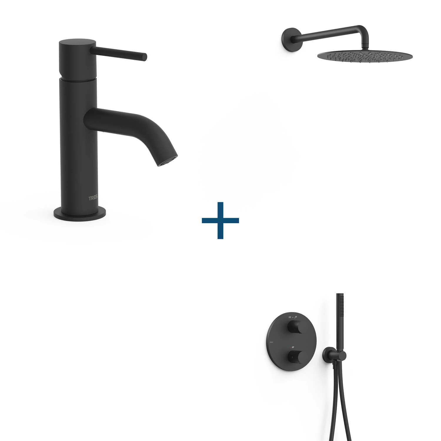 Tres Study pack mosdócsaptelep+falsík alatti zuhanyszett matt fekete