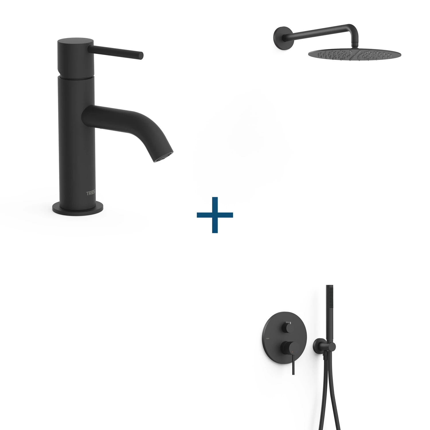 Tres Study pack mosdócsaptelep+falsík alatti zuhanyszett matt fekete